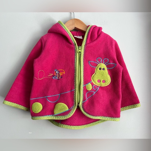 Hanna Andersson 🦒 Sweater Jacket Zip-Up Giraffe Toucan Pink Green Hood 6-12M - Picture 1 of 9
